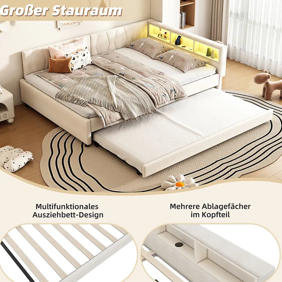 Okwish Lit Gigogne Double 140x200 cm - Ports USB Type-C et Éclairage LED d'Ambiance, Compartiment de Rangement, Lin, sans Matelas - Beige Outlet