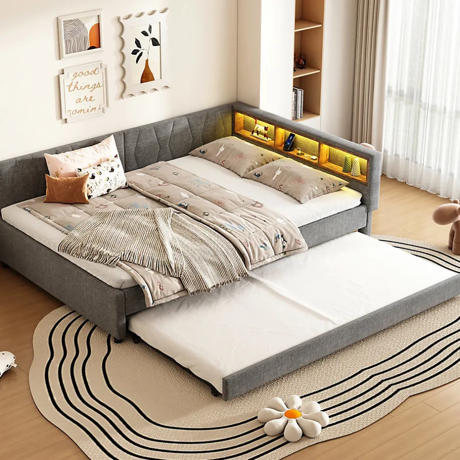 Okwish Lit Gigogne Double 140x200 cm - Ports USB Type-C et Éclairage LED d'Ambiance, Compartiment de Rangement, Lin - sans Matelas - Gris