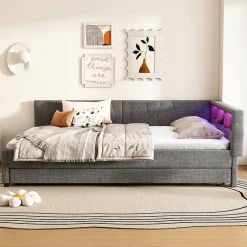 Okwish Lit Gigogne Double 140x200 cm - Ports USB Type-C et Éclairage LED d'Ambiance, Compartiment de Rangement, Lin - sans Matelas - Gris