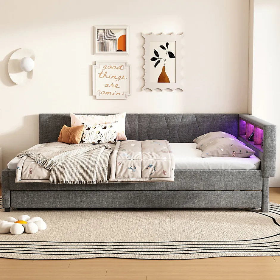 Okwish Lit Gigogne Double 140x200 cm - Ports USB Type-C et Éclairage LED d'Ambiance, Compartiment de Rangement, Lin - sans Matelas - Gris