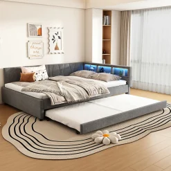 Okwish Lit Gigogne Double 140x200 cm - Ports USB Type-C et Éclairage LED d'Ambiance, Compartiment de Rangement, Lin - sans Matelas - Gris