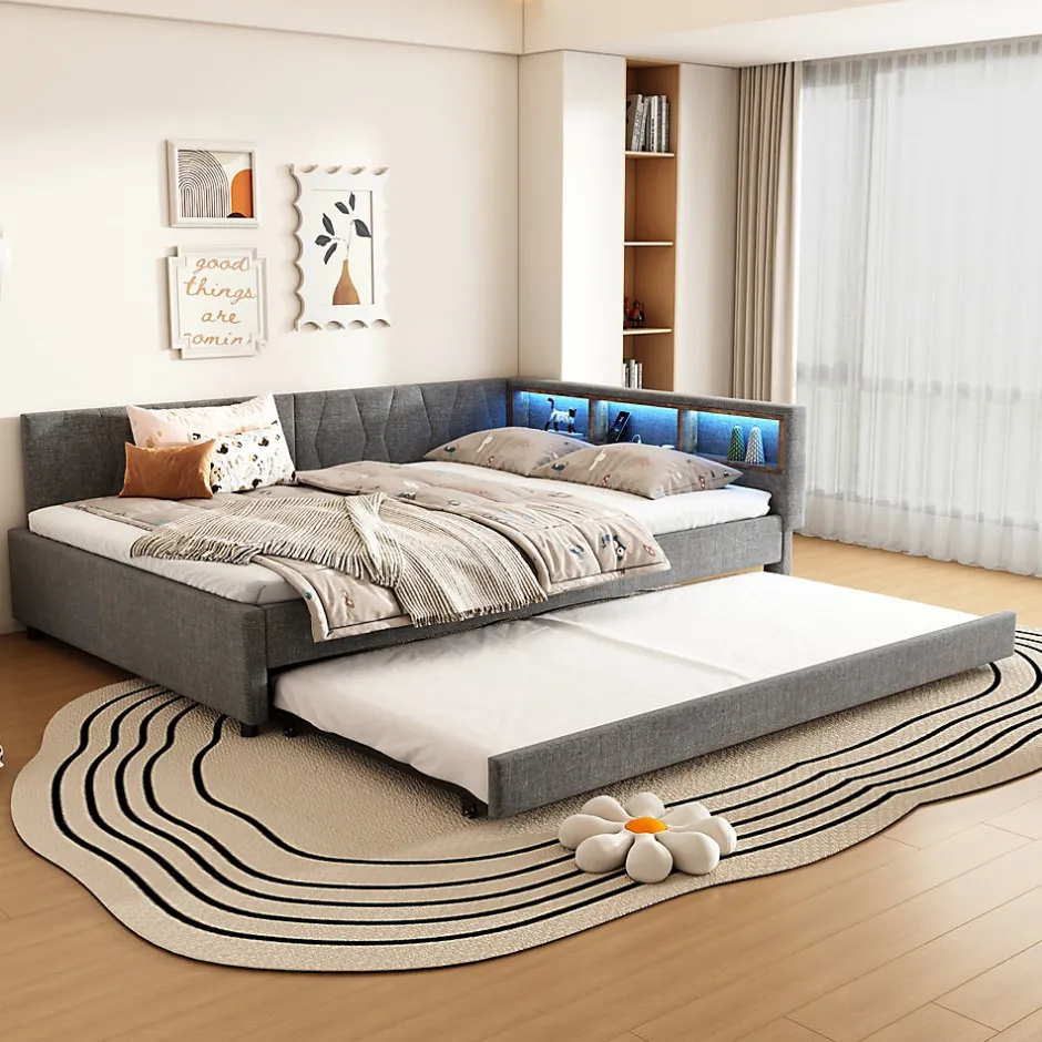 Okwish Lit Gigogne Double 140x200 cm - Ports USB Type-C et Éclairage LED d'Ambiance, Compartiment de Rangement, Lin - sans Matelas - Gris