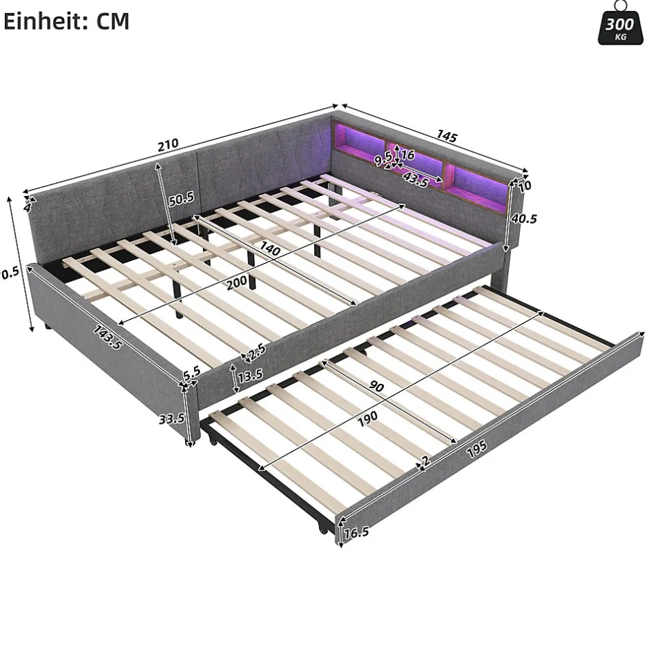 Okwish Lit Gigogne Double 140x200 cm - Ports USB Type-C et Éclairage LED d'Ambiance, Compartiment de Rangement, Lin - sans Matelas - Gris