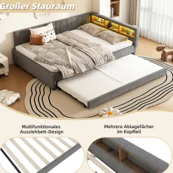 Okwish Lit Gigogne Double 140x200 cm - Ports USB Type-C et Éclairage LED d'Ambiance, Compartiment de Rangement, Lin - sans Matelas - Gris