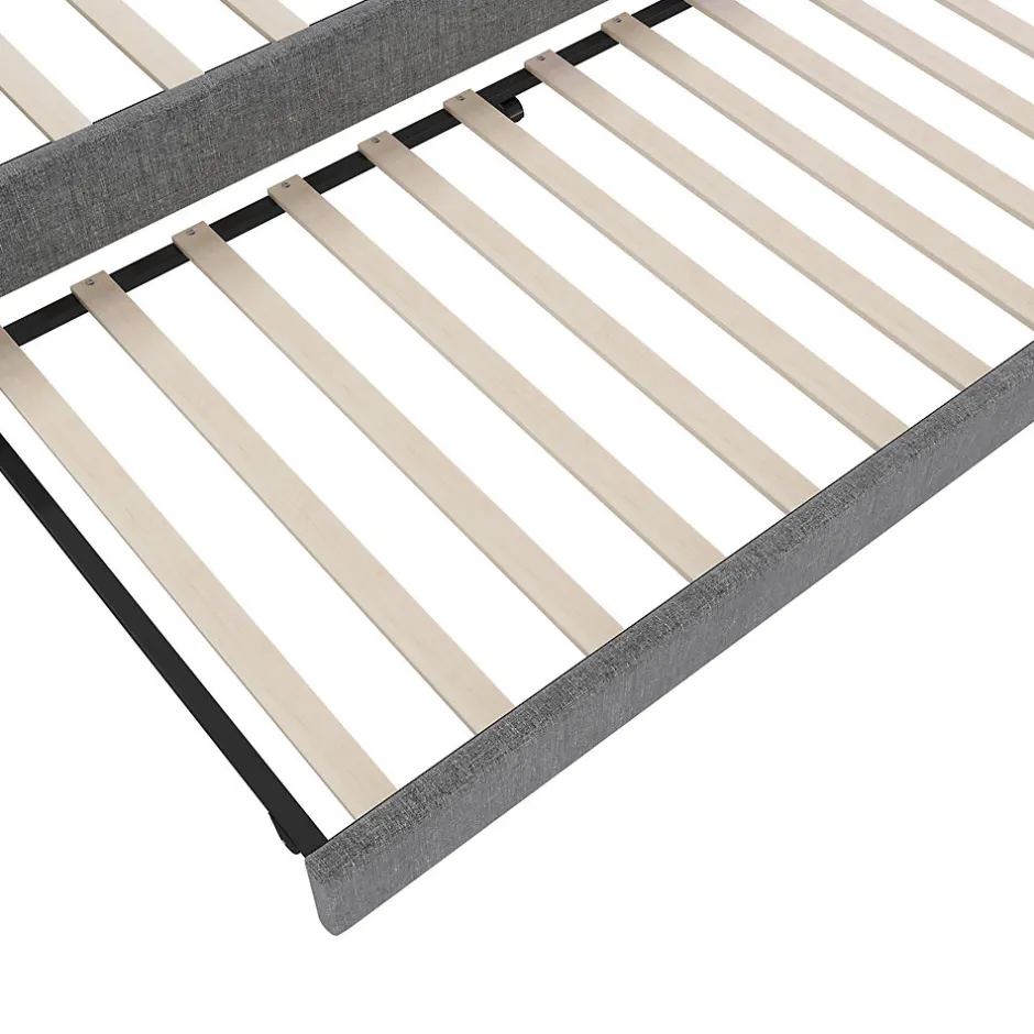 Okwish Lit Gigogne Double 140x200 cm - Ports USB Type-C et Éclairage LED d'Ambiance, Compartiment de Rangement, Lin - sans Matelas - Gris