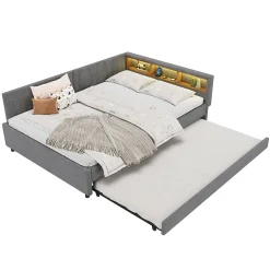 Okwish Lit Gigogne Double 140x200 cm - Ports USB Type-C et Éclairage LED d'Ambiance, Compartiment de Rangement, Lin - sans Matelas - Gris