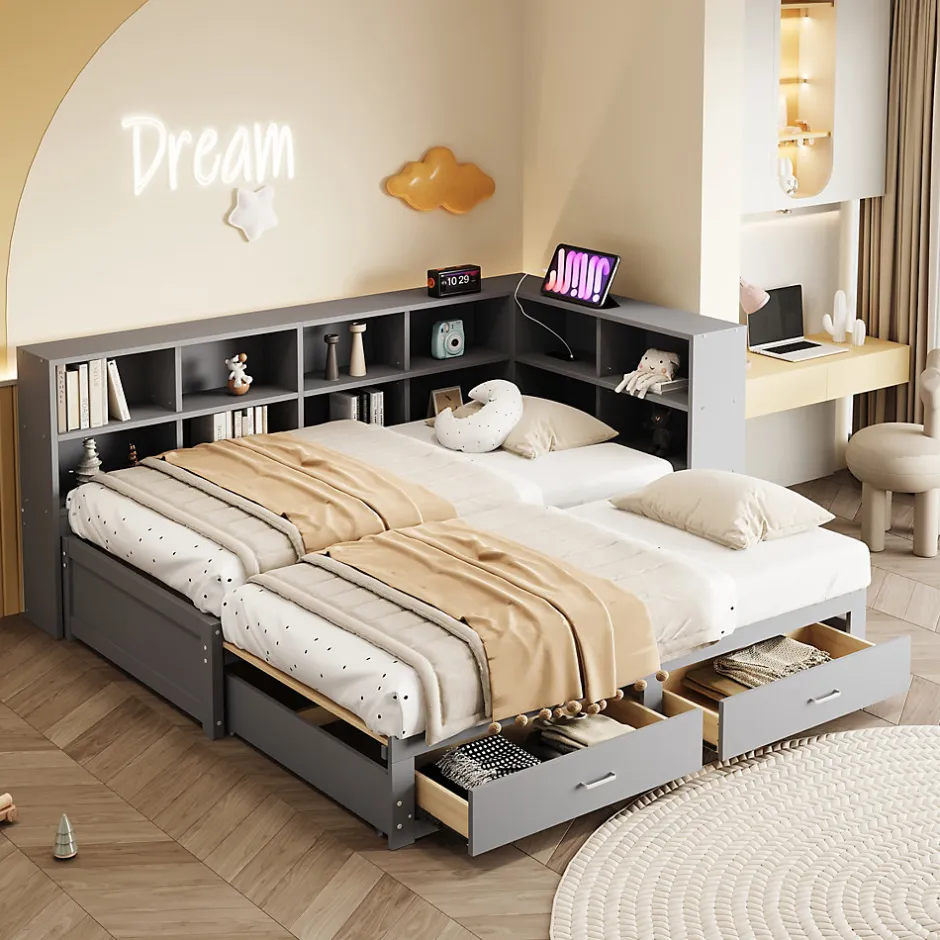 Okwish Lit Gigogne en Bois 90/180x190 cm - Lit Enfant avec Rangement, Tiroirs et Prise Électrique, Sommier à Lattes, Gris