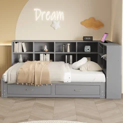 Okwish Lit Gigogne en Bois 90/180x190 cm - Lit Enfant avec Rangement, Tiroirs et Prise Électrique, Sommier à Lattes, Gris