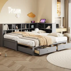 Okwish Lit Gigogne en Bois 90/180x190 cm - Lit Enfant avec Rangement, Tiroirs et Prise Électrique, Sommier à Lattes, Gris