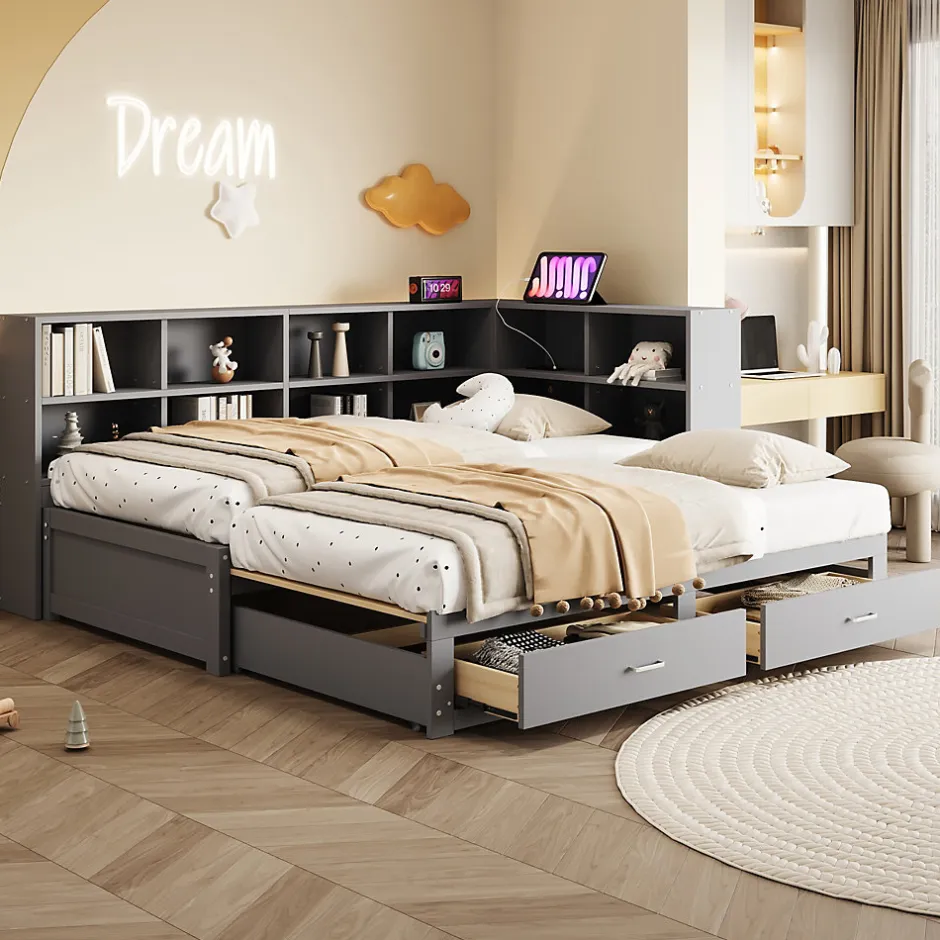 Okwish Lit Gigogne en Bois 90/180x190 cm - Lit Enfant avec Rangement, Tiroirs et Prise Électrique, Sommier à Lattes, Gris