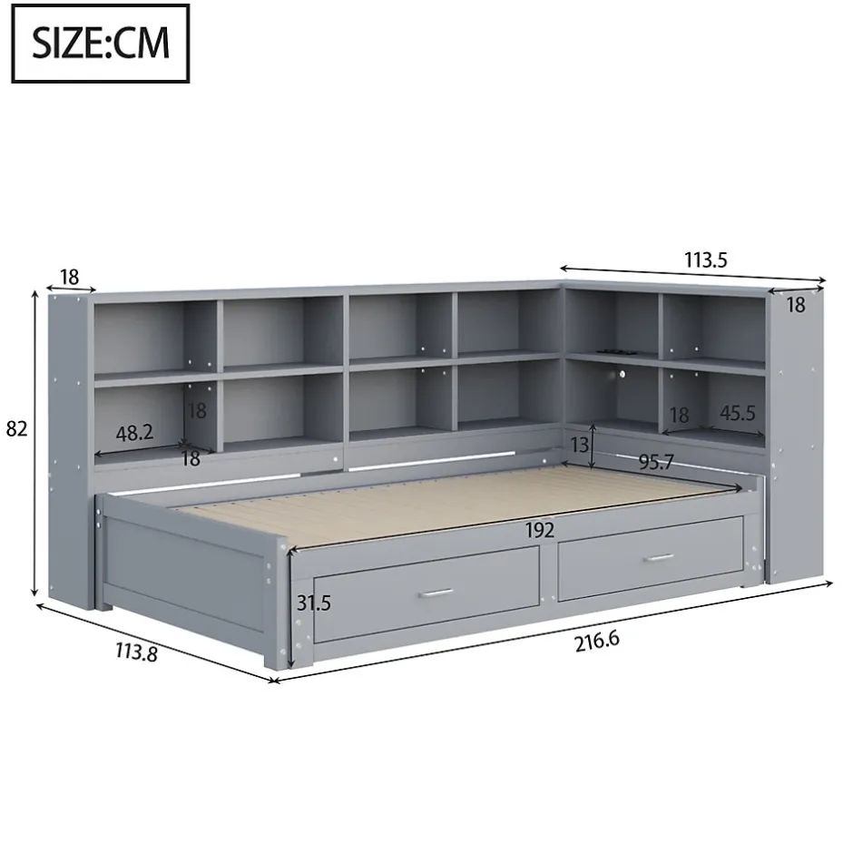 Okwish Lit Gigogne en Bois 90/180x190 cm - Lit Enfant avec Rangement, Tiroirs et Prise Électrique, Sommier à Lattes, Gris