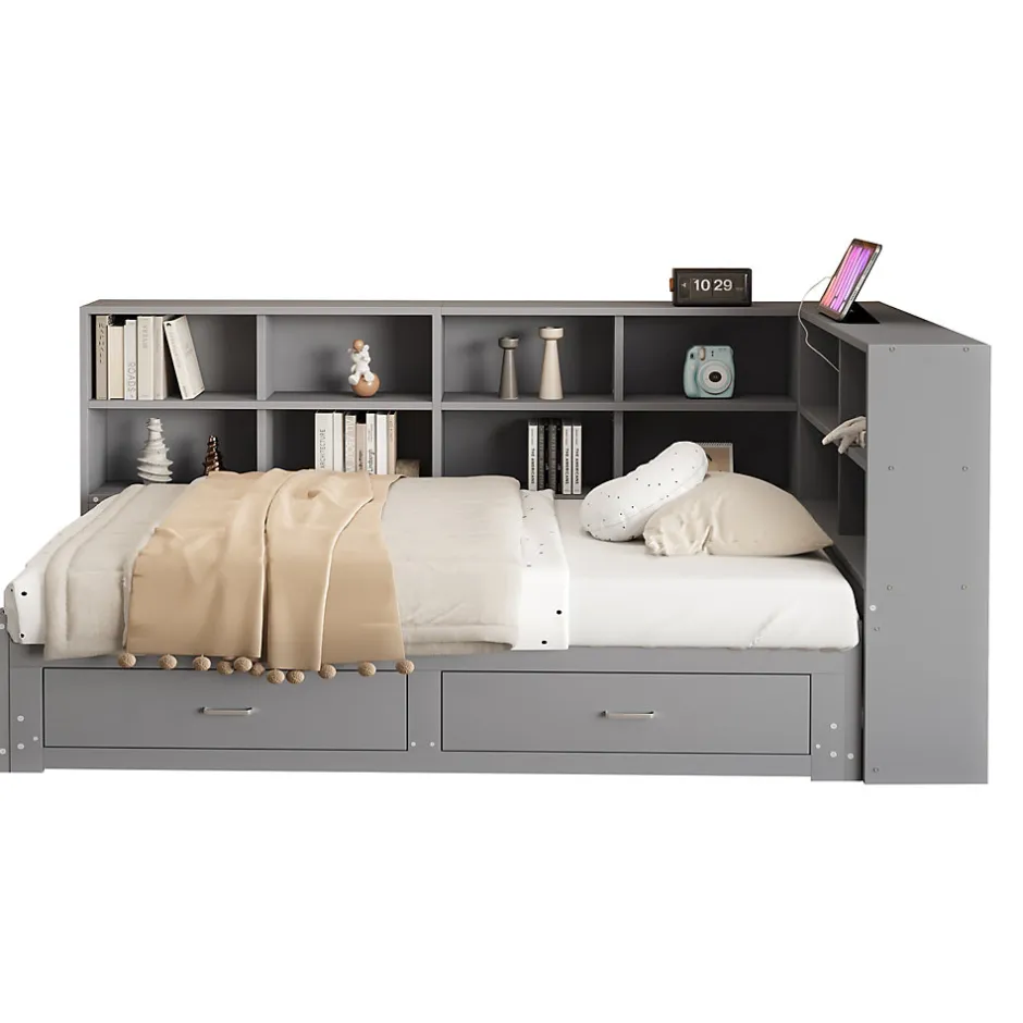 Okwish Lit Gigogne en Bois 90/180x190 cm - Lit Enfant avec Rangement, Tiroirs et Prise Électrique, Sommier à Lattes, Gris