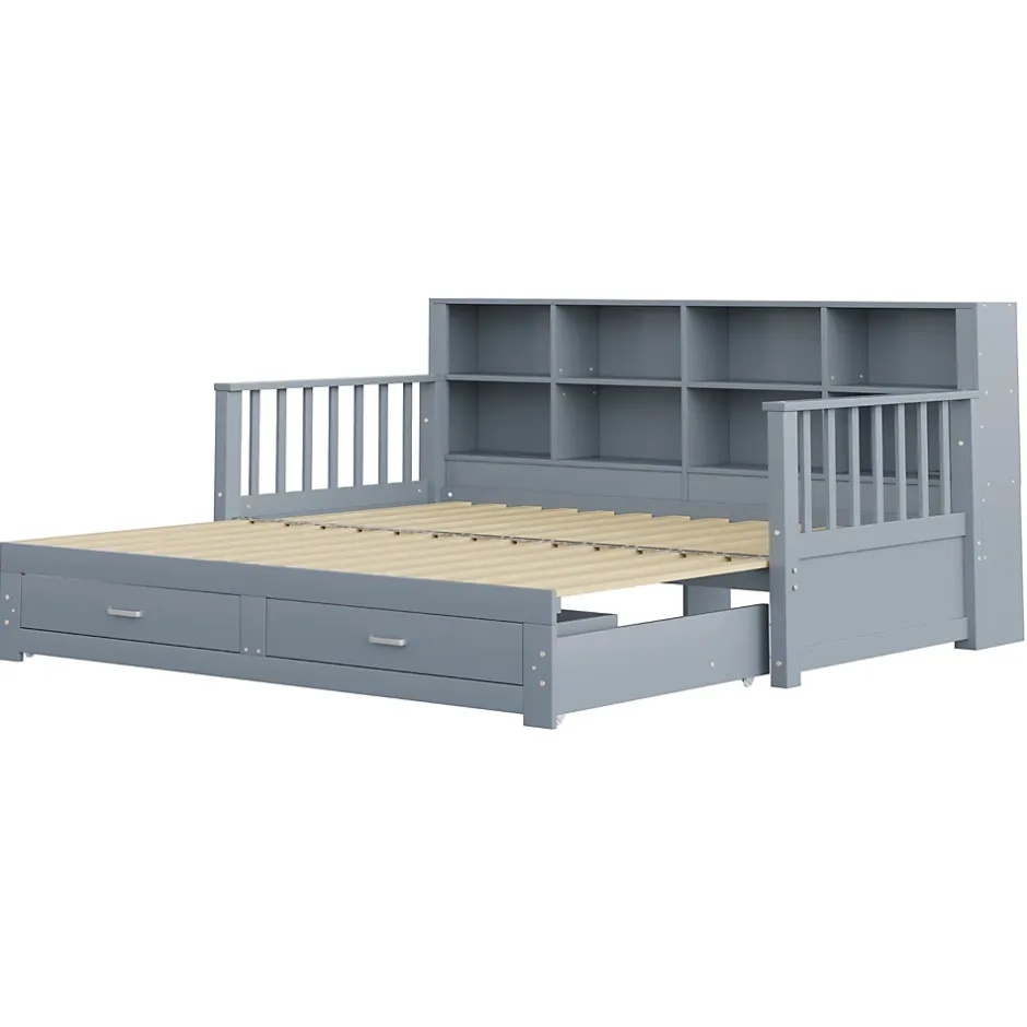 Okwish Lit Gigogne en Bois 90/180x190 cm Extensible avec Tiroirs et Prise USB, Lit Multifonction avec Rangement, Gris Online