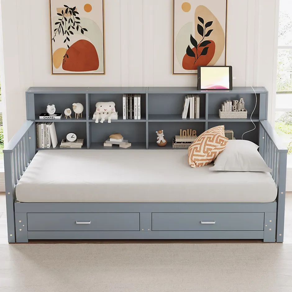 Okwish Lit Gigogne en Bois 90/180x190 cm Extensible avec Tiroirs et Prise USB, Lit Multifonction avec Rangement, Gris Online