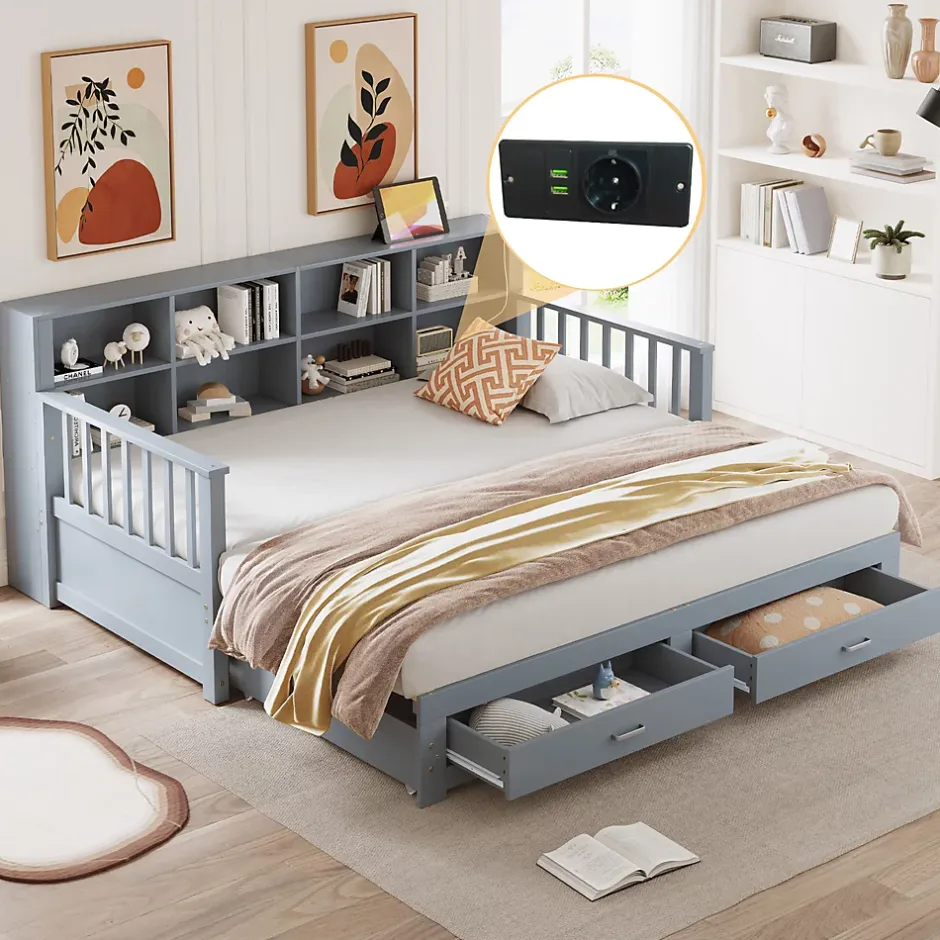 Okwish Lit Gigogne en Bois 90/180x190 cm Extensible avec Tiroirs et Prise USB, Lit Multifonction avec Rangement, Gris Online