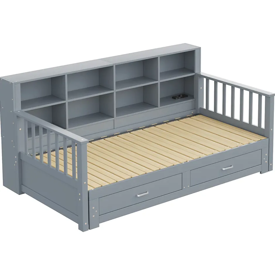 Okwish Lit Gigogne en Bois 90/180x190 cm Extensible avec Tiroirs et Prise USB, Lit Multifonction avec Rangement, Gris Online