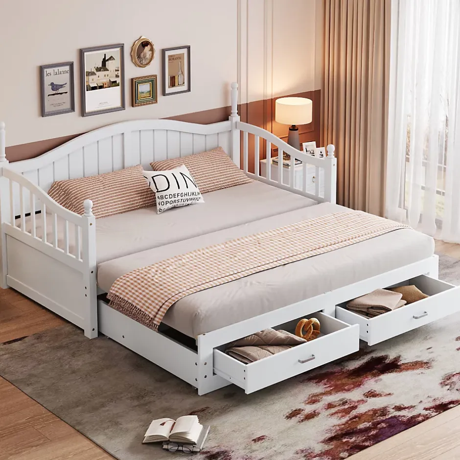 Okwish Lit Gigogne en Bois 90/180x190 cm Extensible avec Tiroirs et Sommier Intégré, Lit Multifonction pour enfant ou Adulte, Blanc Discount
