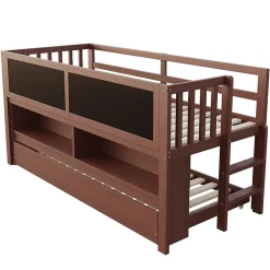 Okwish Lit Gigogne enfant 90x200 cm avec Lit Tiroir, Échelle, Tableau à Gribouillis et Rangement Intégré - Sans Matelas - Bois Marron Sale