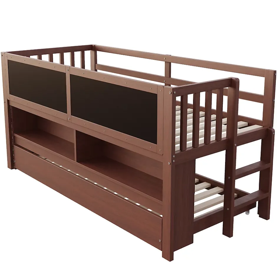 Okwish Lit Gigogne enfant 90x200 cm avec Lit Tiroir, Échelle, Tableau à Gribouillis et Rangement Intégré - Sans Matelas - Bois Marron Sale