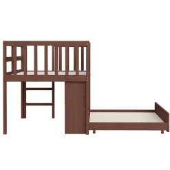 Okwish Lit Gigogne enfant 90x200 cm avec Lit Tiroir, Échelle, Tableau à Gribouillis et Rangement Intégré - Sans Matelas - Bois Marron Sale