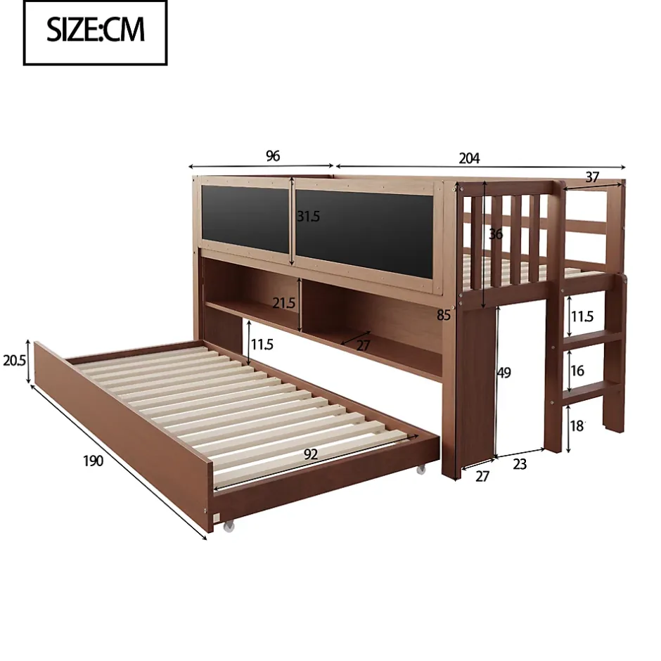 Okwish Lit Gigogne enfant 90x200 cm avec Lit Tiroir, Échelle, Tableau à Gribouillis et Rangement Intégré - Sans Matelas - Bois Marron Sale