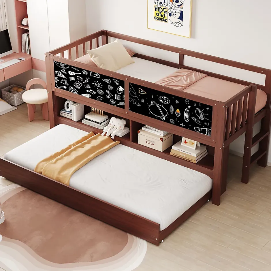 Okwish Lit Gigogne enfant 90x200 cm avec Lit Tiroir, Échelle, Tableau à Gribouillis et Rangement Intégré - Sans Matelas - Bois Marron Sale