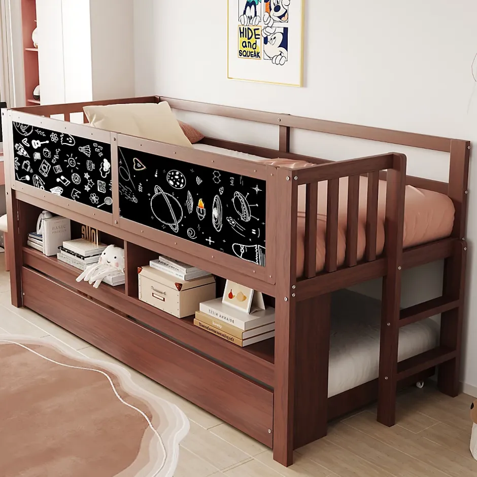 Okwish Lit Gigogne enfant 90x200 cm avec Lit Tiroir, Échelle, Tableau à Gribouillis et Rangement Intégré - Sans Matelas - Bois Marron Sale