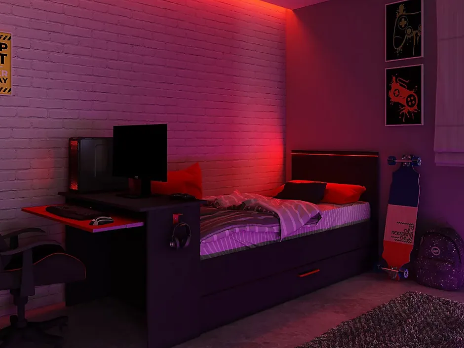 Vente-unique Lit gigogne gamer 90 x 200 et 90 x 190 cm - Avec bureau - LEDs - Anthracite et rouge + Matelas + Sommier - VOUANI Hot