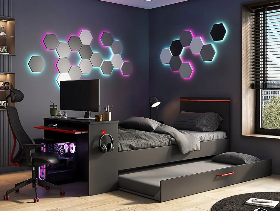 Vente-unique Lit gigogne gamer 90 x 200 et 90 x 190 cm - Avec bureau - LEDs - Anthracite et rouge + Matelas + Sommier - VOUANI Hot