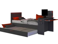 Vente-unique Lit gigogne gamer 90 x 200 et 90 x 190 cm - Avec bureau - LEDs - Anthracite et rouge + Matelas + Sommier - VOUANI Hot