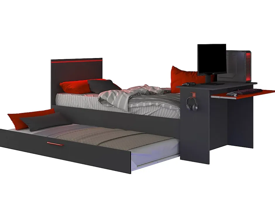 Vente-unique Lit gigogne gamer 90 x 200 et 90 x 190 cm - Avec bureau - LEDs - Anthracite et rouge + Matelas + Sommier - VOUANI Hot