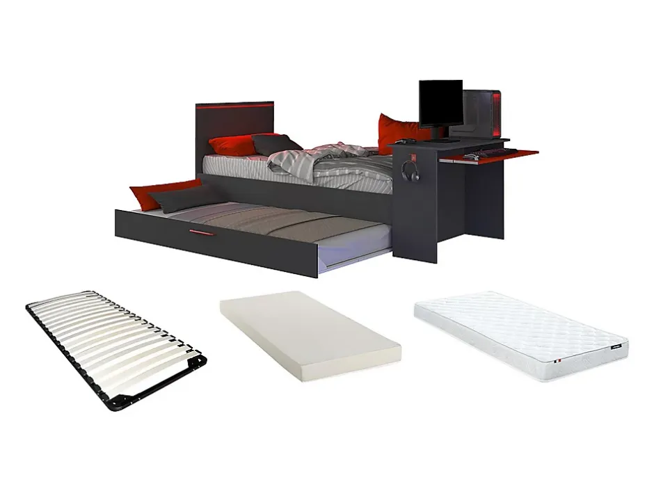 Vente-unique Lit gigogne gamer 90 x 200 et 90 x 190 cm - Avec bureau - LEDs - Anthracite et rouge + Matelas + Sommier - VOUANI Hot