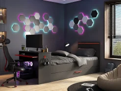 Vente-unique Lit gigogne gamer2 x 90 x 200 cm - Avec bureau - LEDs - Anthracite et rouge + Sommier - VOUANI