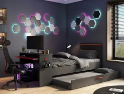 Vente-unique Lit gigogne gamer2 x 90 x 200 cm - Avec bureau - LEDs - Anthracite et rouge + Sommier - VOUANI
