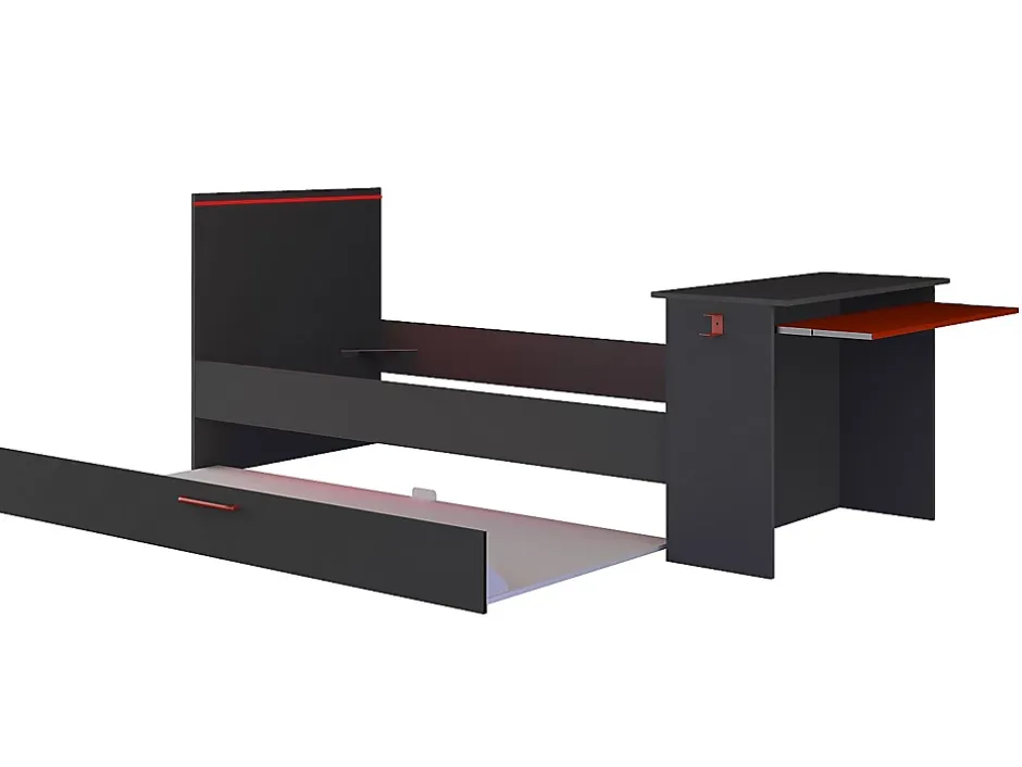 Vente-unique Lit gigogne gamer2 x 90 x 200 cm - Avec bureau - LEDs - Anthracite et rouge + Sommier - VOUANI
