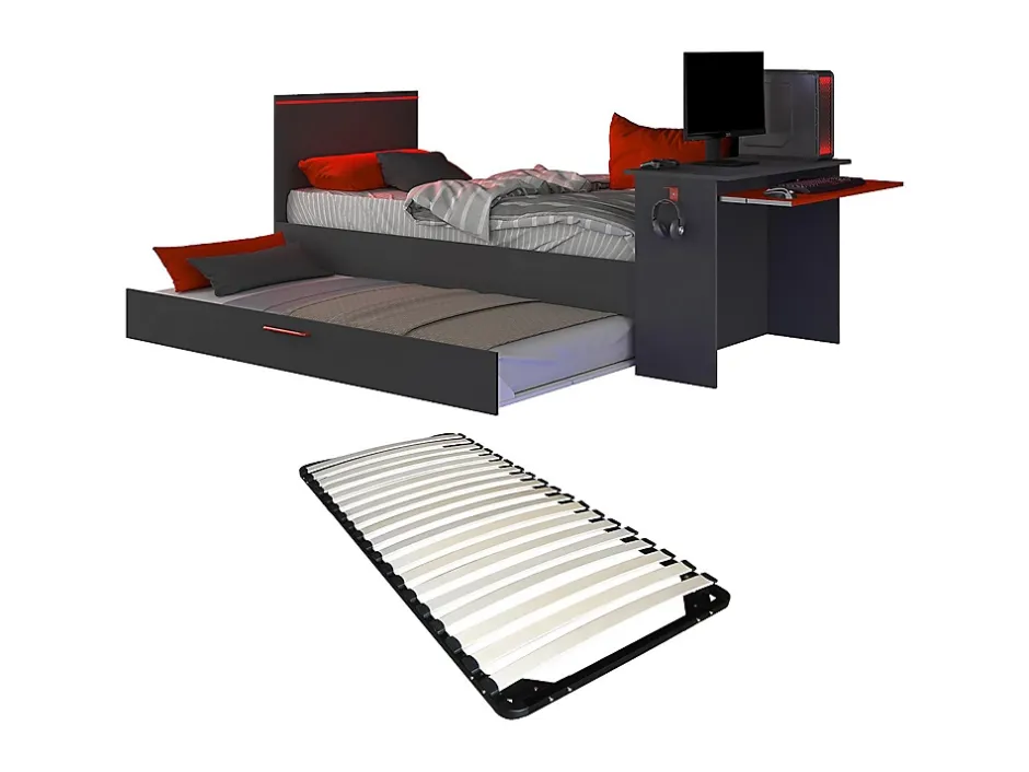Vente-unique Lit gigogne gamer2 x 90 x 200 cm - Avec bureau - LEDs - Anthracite et rouge + Sommier - VOUANI