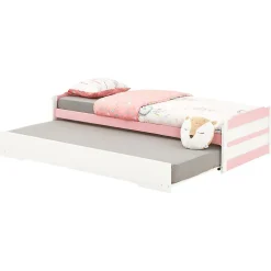 Idimex Lit gigogne LORENA en pin massif, 90 x 190 cm, lasuré blanc et rose