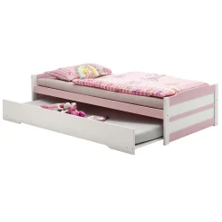 Idimex Lit gigogne LORENA en pin massif, 90 x 200 cm, lasuré blanc et rose Outlet