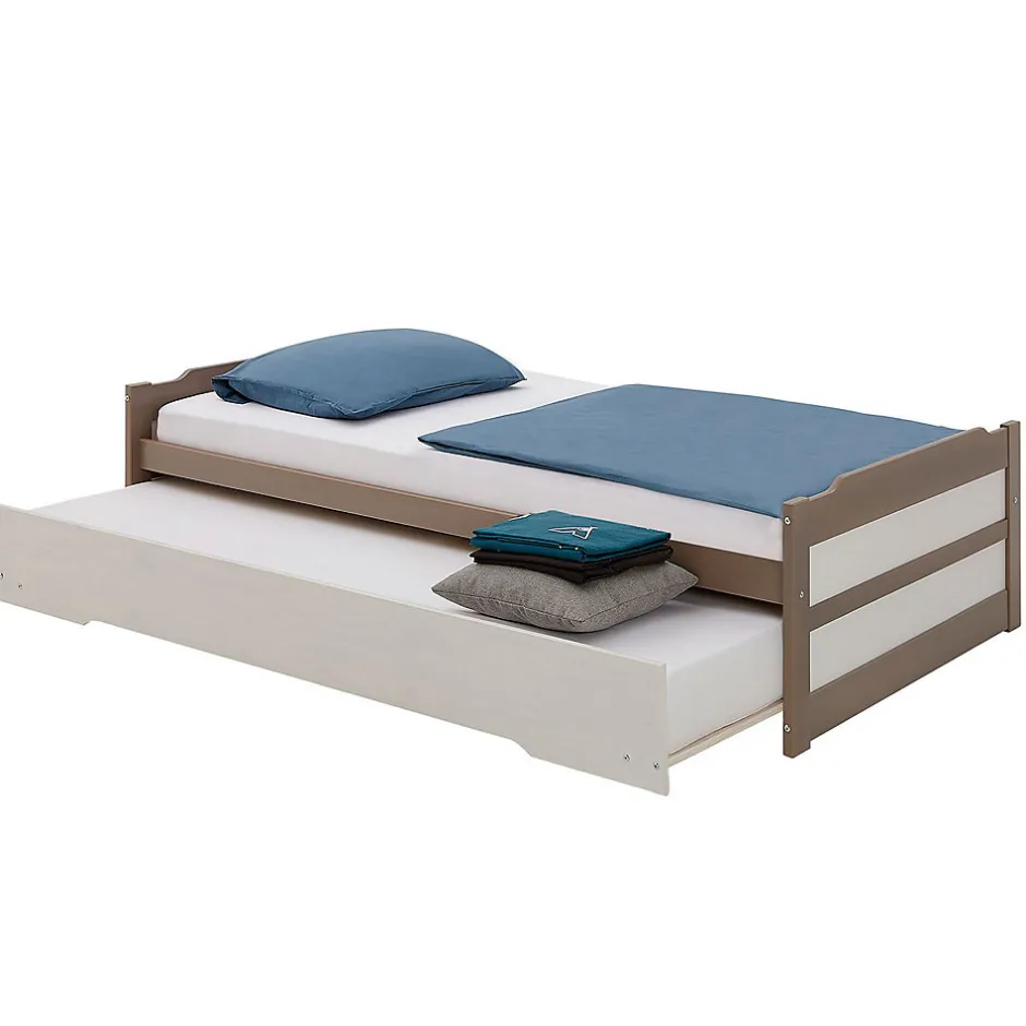Idimex Lit gigogne LORENA en pin massif, 90 x 190 cm, lasuré taupe et blanc Clearance