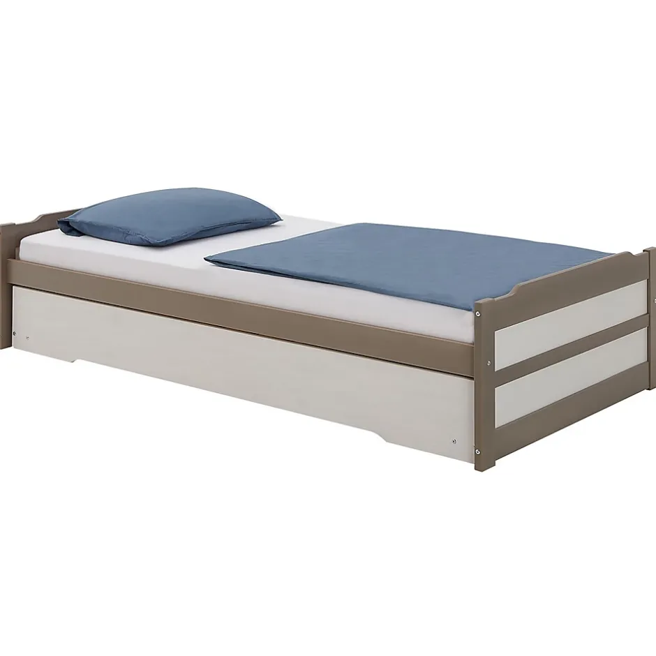 Idimex Lit gigogne LORENA en pin massif, 90 x 190 cm, lasuré taupe et blanc Clearance