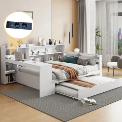 Okwish Lit Gigogne Multifonction 140x200 cm, avec Bureau et Étagères Intégrées, Lit Coulissant Sous Le Lit - Blanc - Sans Matelas