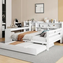 Okwish Lit Gigogne Multifonction 140x200 cm, avec Bureau et Étagères Intégrées, Lit Coulissant Sous Le Lit - Blanc - Sans Matelas