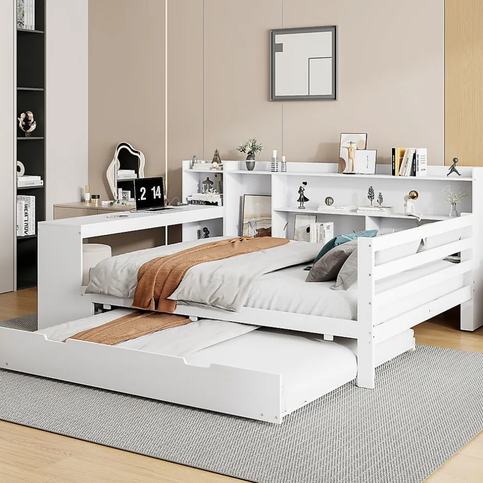 Okwish Lit Gigogne Multifonction 140x200 cm, avec Bureau et Étagères Intégrées, Lit Coulissant Sous Le Lit - Blanc - Sans Matelas