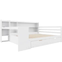 Okwish Lit Gigogne Multifonction 140x200 cm, avec Bureau et Étagères Intégrées, Lit Coulissant Sous Le Lit - Blanc - Sans Matelas