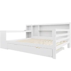 Okwish Lit Gigogne Multifonction 140x200 cm, avec Bureau et Étagères Intégrées, Lit Coulissant Sous Le Lit - Blanc - Sans Matelas