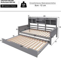 Okwish Lit gigogne simple 90x200 cm en bois avec rangement intégré - multifonction, pratique et spacieux, gris, sans matelas Online