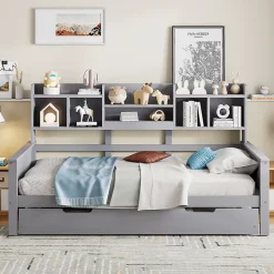 Okwish Lit gigogne simple 90x200 cm en bois avec rangement intégré - multifonction, pratique et spacieux, gris, sans matelas Online