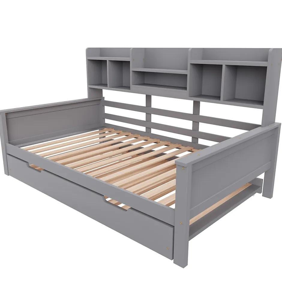 Okwish Lit gigogne simple 90x200 cm en bois avec rangement intégré - multifonction, pratique et spacieux, gris, sans matelas Online