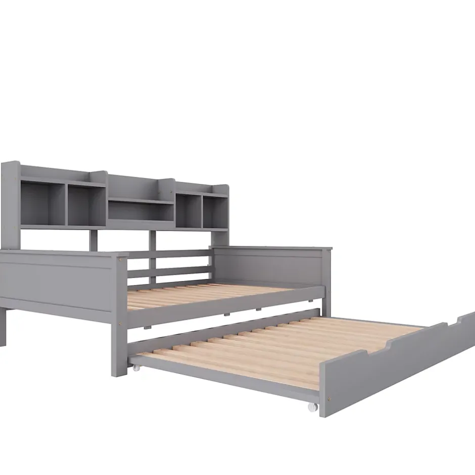 Okwish Lit gigogne simple 90x200 cm en bois avec rangement intégré - multifonction, pratique et spacieux, gris, sans matelas Online