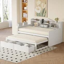 Okwish Lit Gigogne Simple 90x200 cm avec Lit 90x190 cm, Tiroirs et Grand Rangement, Port USB Intégré Bois Blanc, Multifonction, Blanc